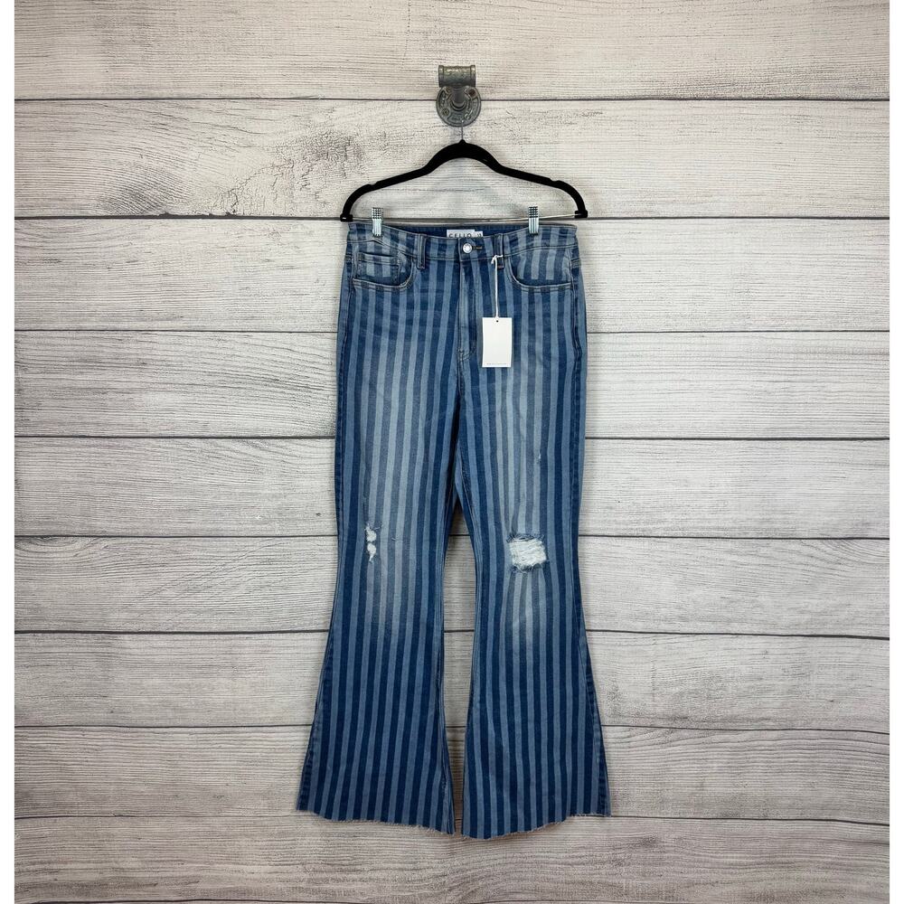 Cello Women's Blue Striped Distressed High Rise Flare Boho Jeans Size 13